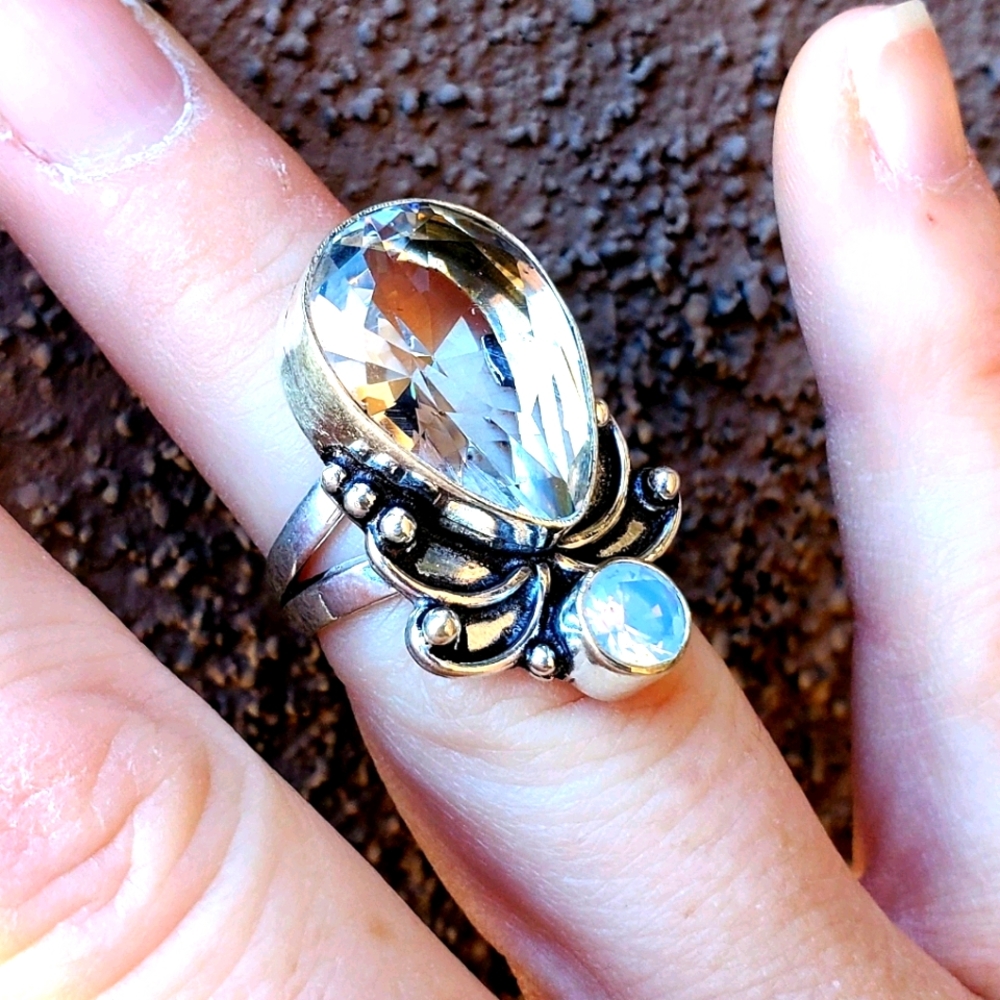 New White Topaz & Milky Opal 925 Silver Ring.